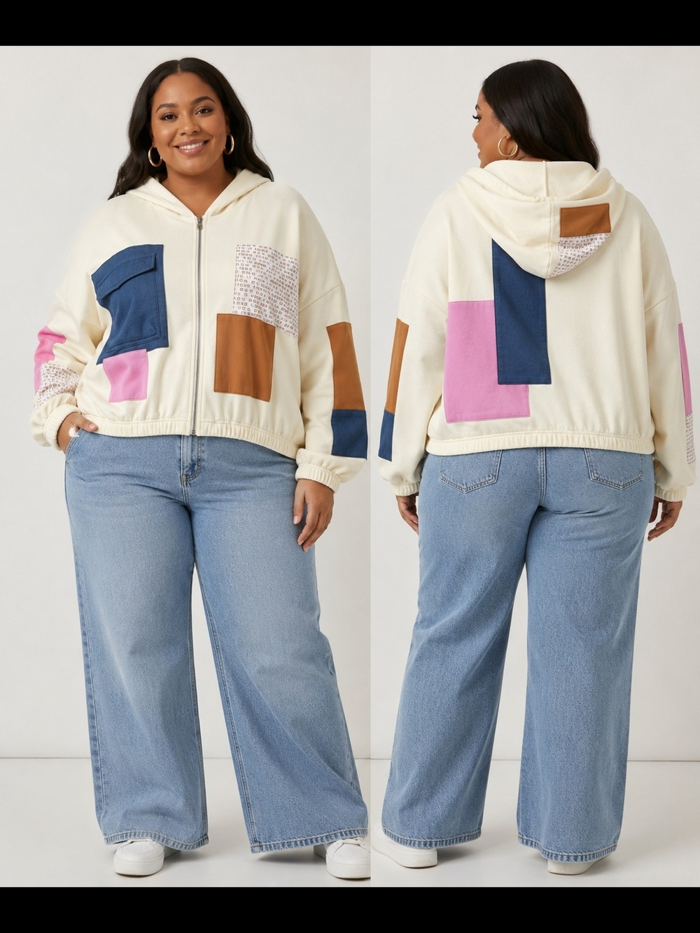 BDG Urban Outfitters Cream Patchwork Zip Hoodie with Blue, Pink & Brown Accents